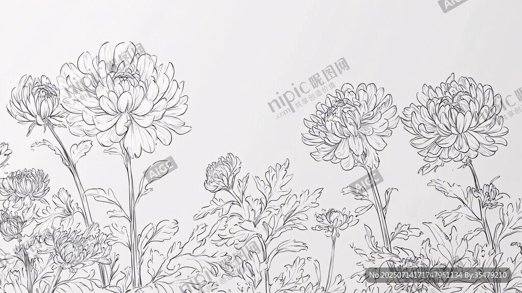 菊花線描圖 清新花卉素材