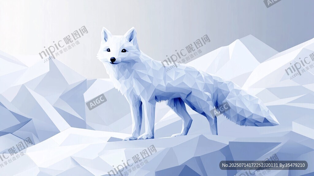 雪地中的低多邊形白狐