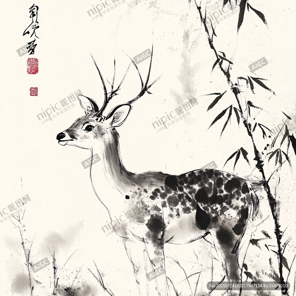 水墨風(fēng)鹿立竹林間圖景