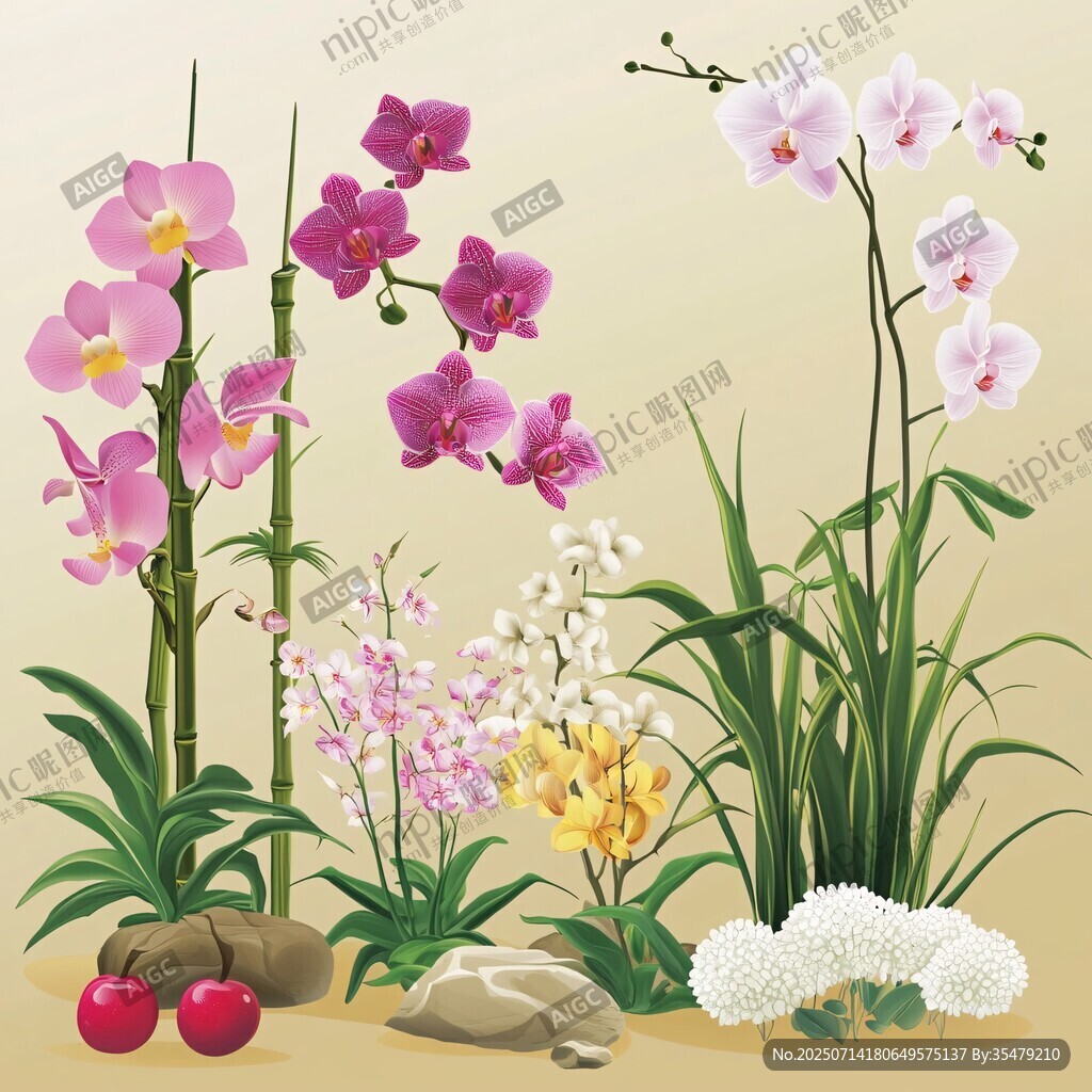 多彩蘭花與奇石植物組合