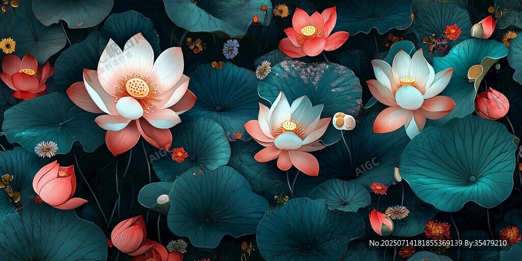 夢幻荷花荷葉插畫作品