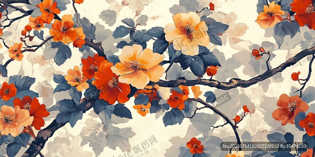 中式花卉圖案精美插畫