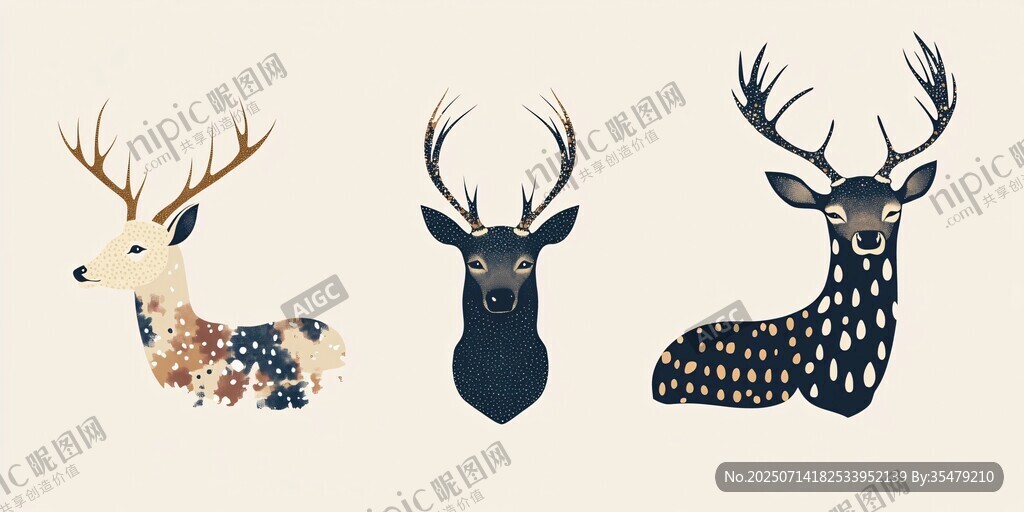 三只風(fēng)格獨(dú)特的鹿頭插畫