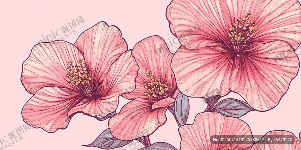 粉色手繪木槿花插畫