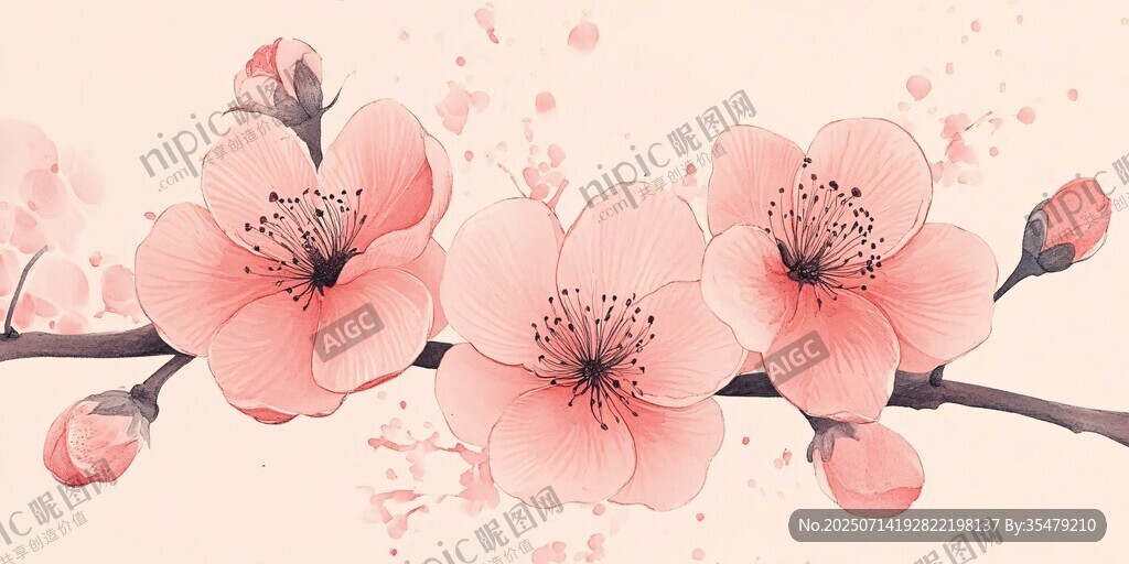 粉嫩桃花枝 唯美花卉繪