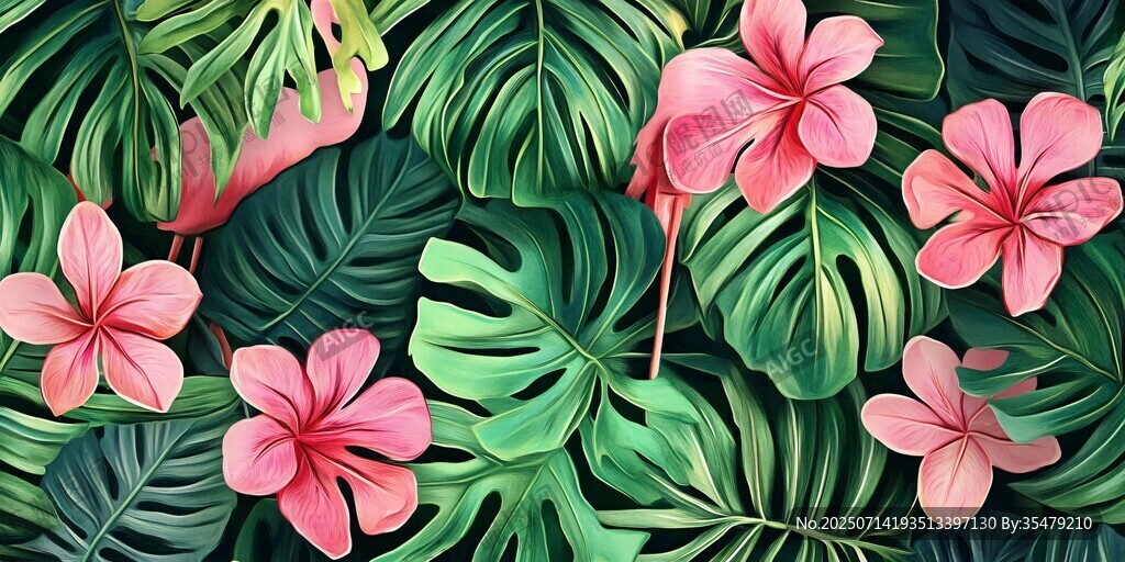 熱帶花卉與綠葉背景圖