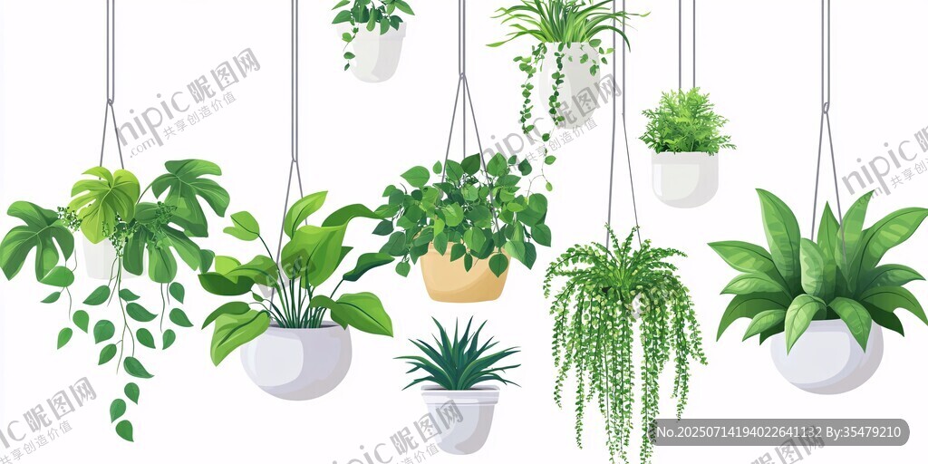 懸掛綠植盆栽組合插畫