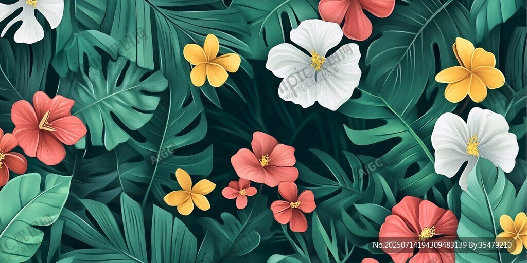 熱帶花卉綠葉精美圖案