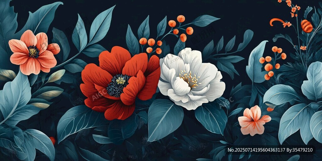 花卉插畫 多彩花朵與綠葉
