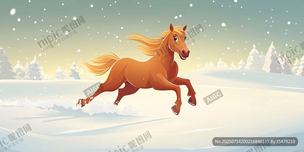 雪地中奔騰的金色駿馬