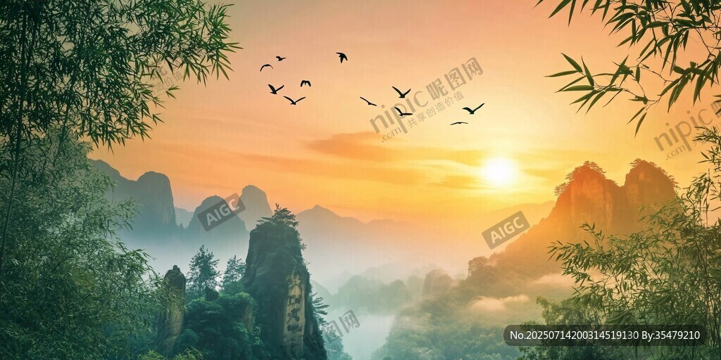 夕陽下的山林飛鳥美景