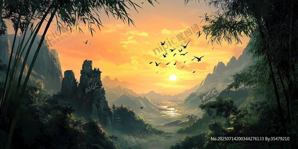 夕陽(yáng)下的山水飛鳥美景