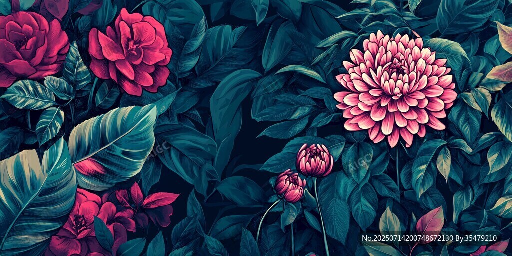 夢(mèng)幻花卉綠葉圖案背景