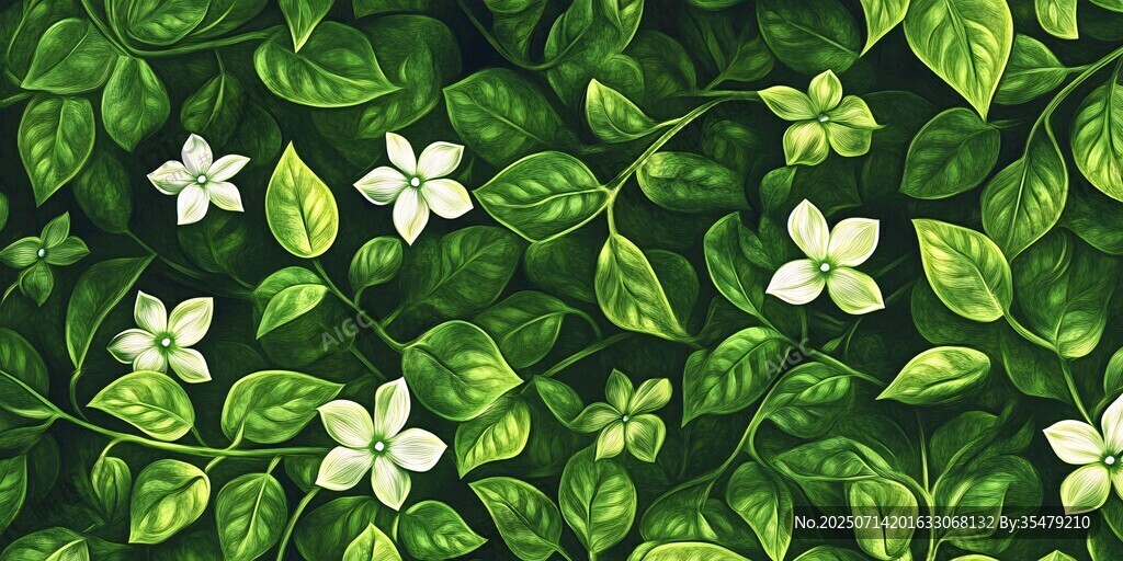 綠葉白花植物無(wú)縫背景圖