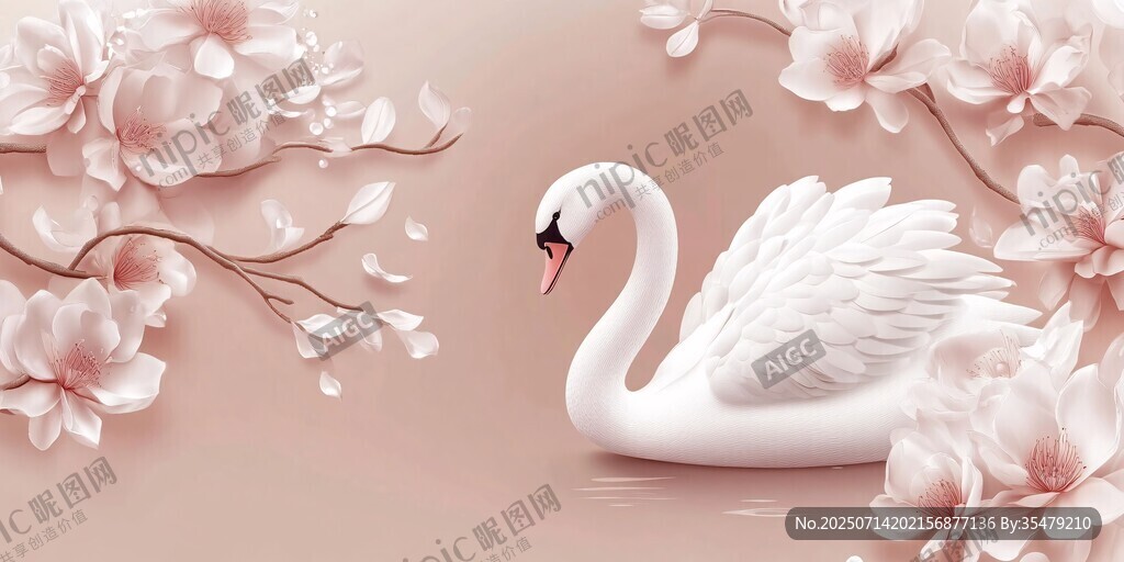天鵝游弋于爛漫花枝間
