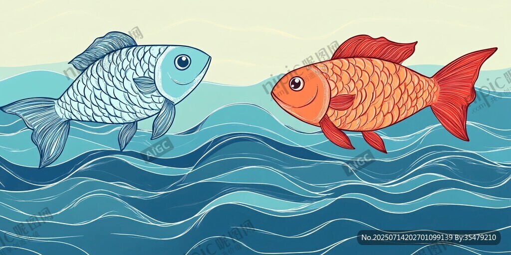 雙金魚于海浪中對望