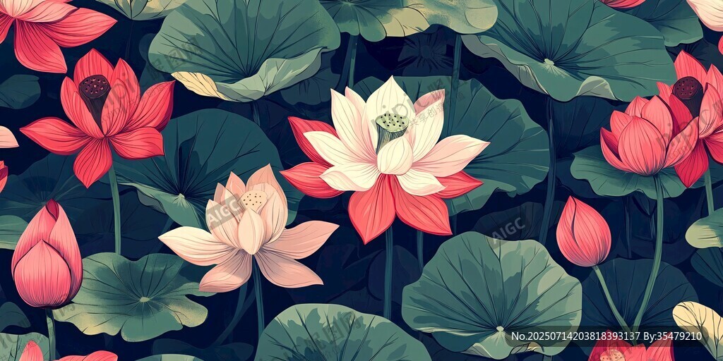 夏日荷花蓮葉唯美圖案