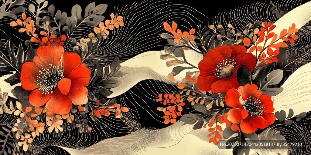 花卉與線條交織的藝術(shù)圖案