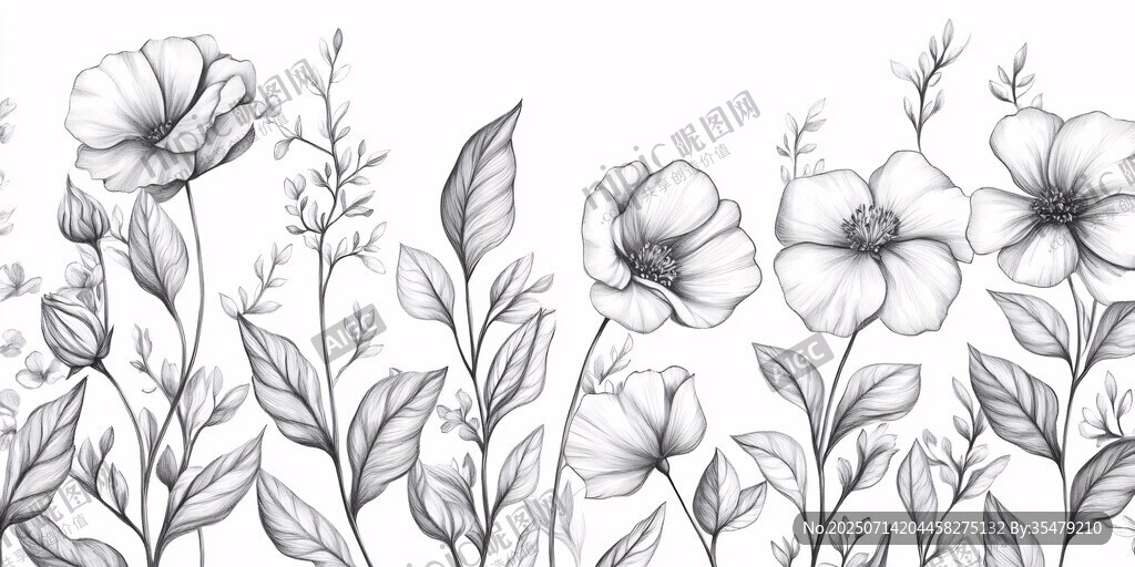 花卉黑白線條邊框圖案