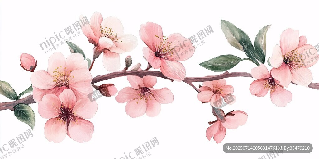 粉色桃花枝水彩插畫