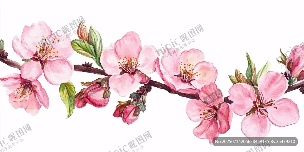 手繪粉色桃花枝精美插畫