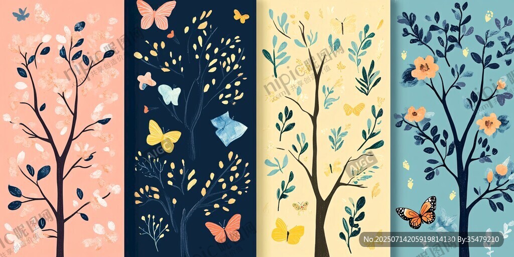 四季樹景與蝴蝶插畫圖案