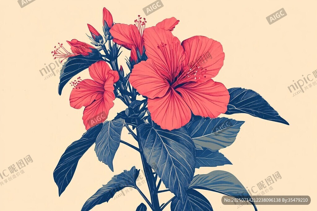 艷麗朱槿花插畫