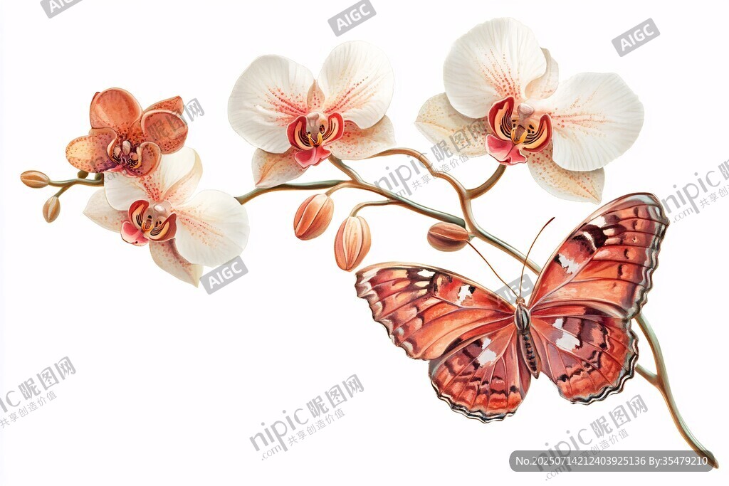 蝴蝶伴蘭花插畫