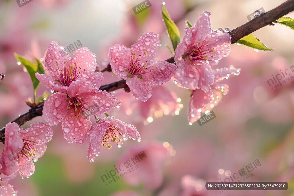 雨后嬌艷的粉嫩桃花枝