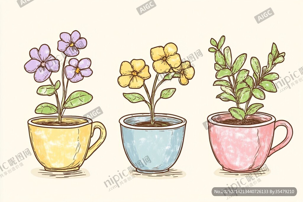彩色杯植花卉插畫