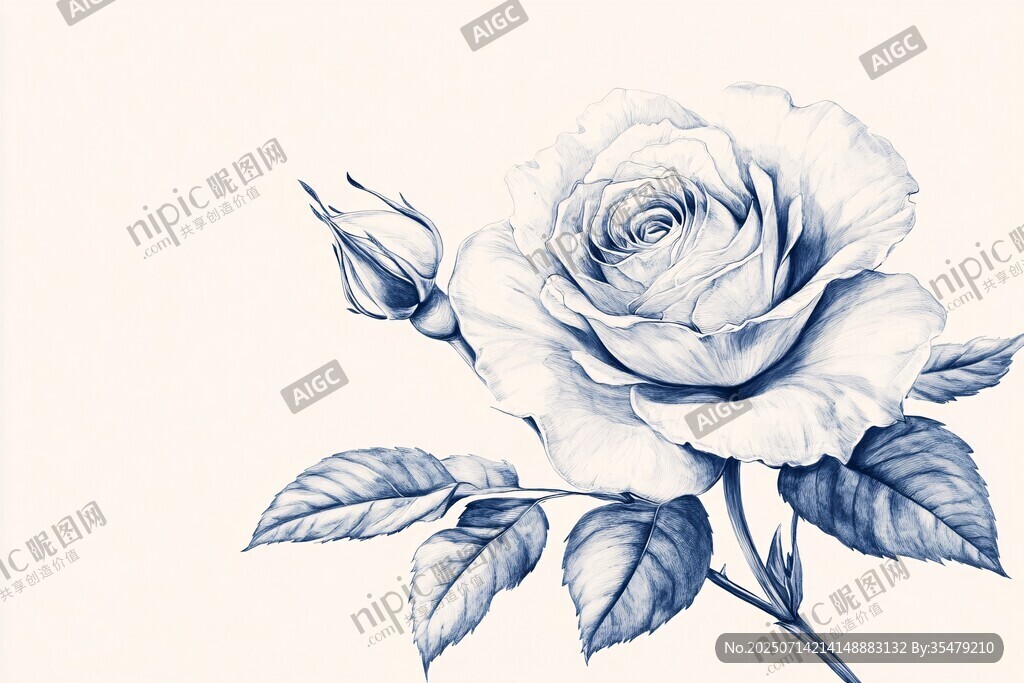 藍(lán)調(diào)素描玫瑰插畫