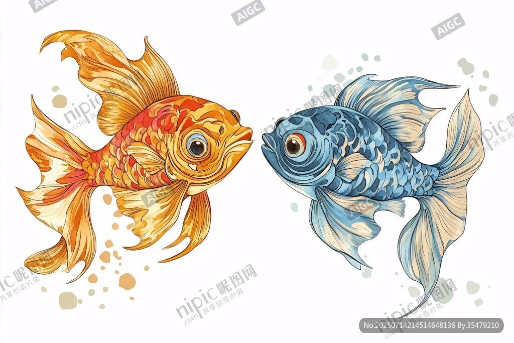 親吻的雙色金魚(yú)插畫(huà)