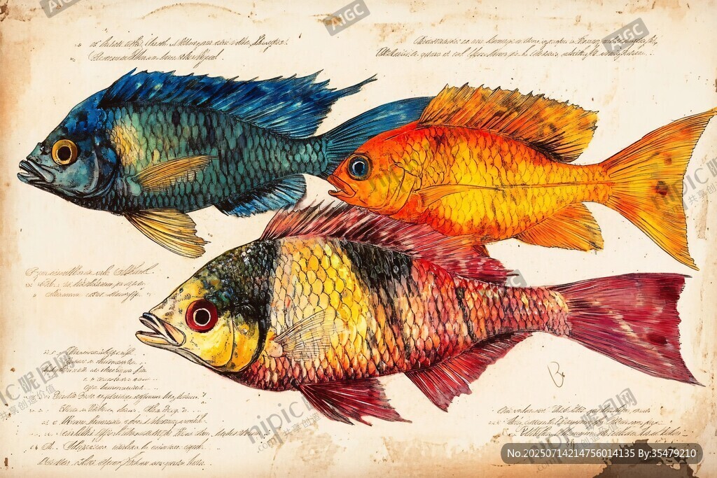 復古風手繪多彩觀賞魚