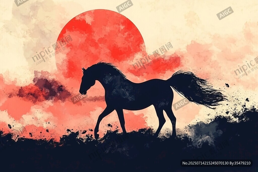 落日下的奔騰駿馬
