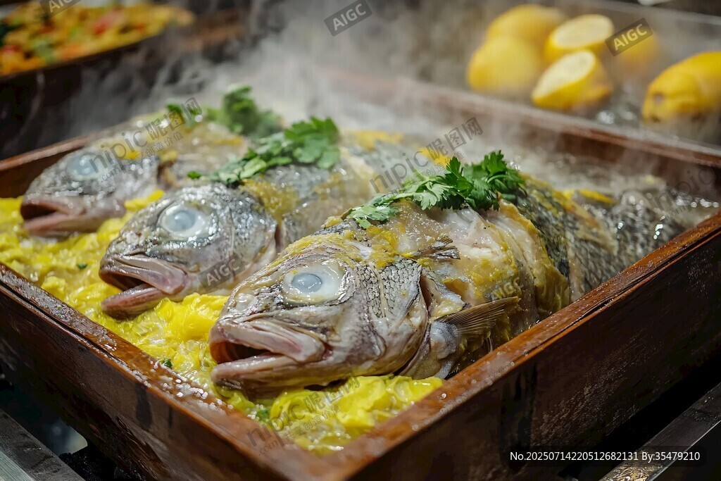 木盤清蒸鮮魚配翠綠香菜