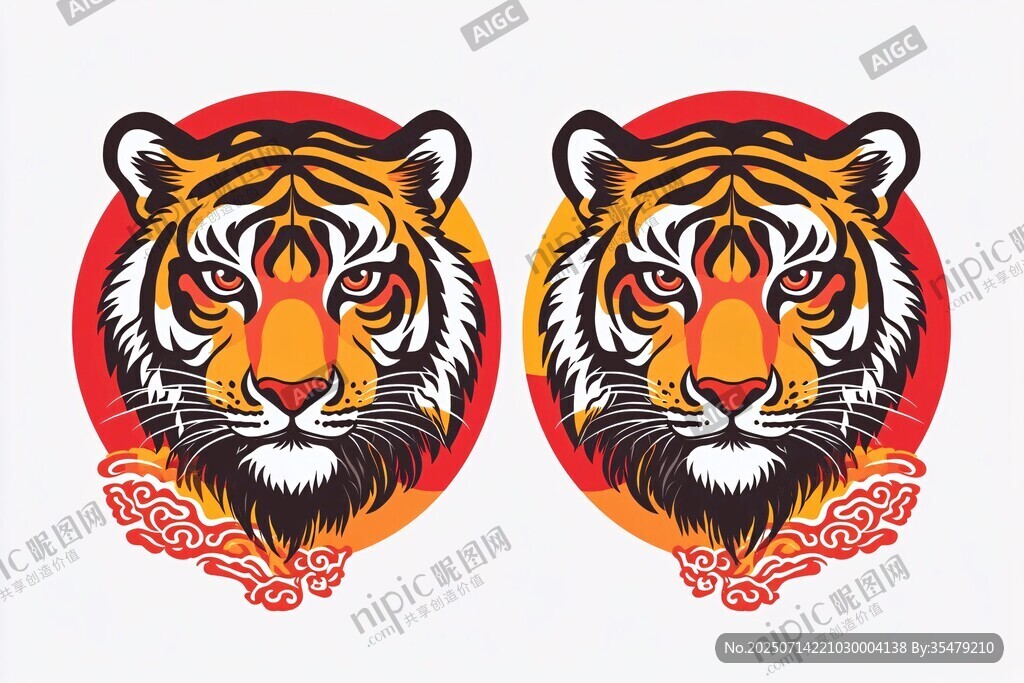 雙虎圓形國(guó)潮風(fēng)插畫(huà)圖案