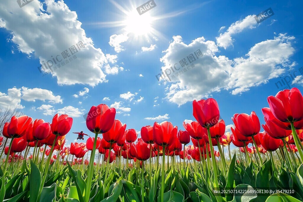 陽光下的紅郁金香花海