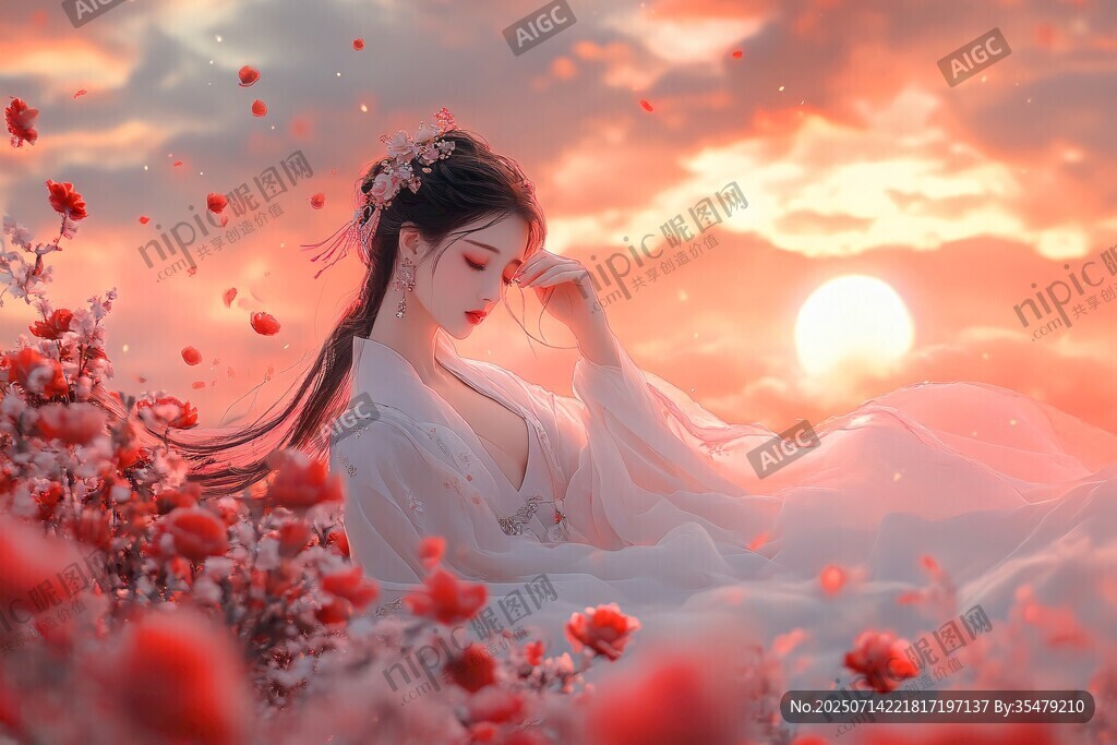 夕陽下的古風美人賞花圖