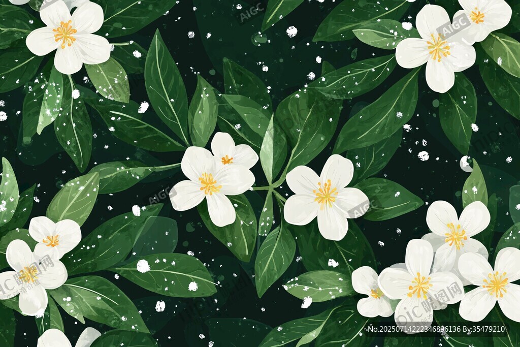 清新白茉莉綠葉背景圖