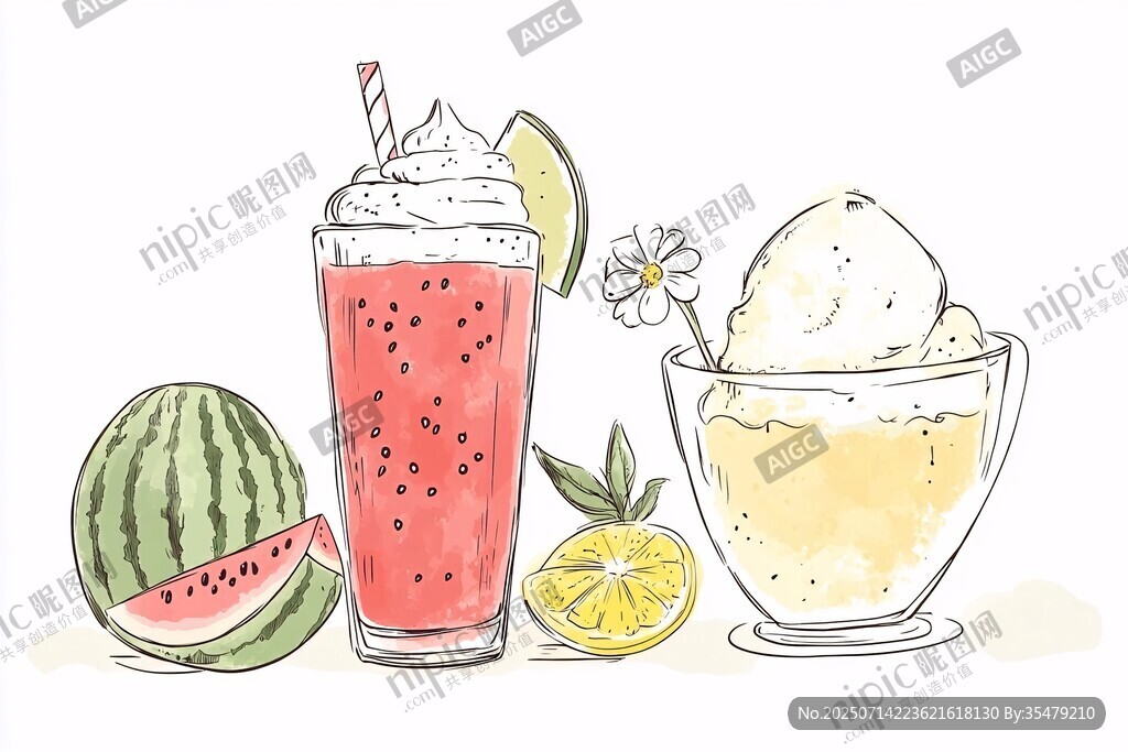 夏日清涼飲品與水果插畫
