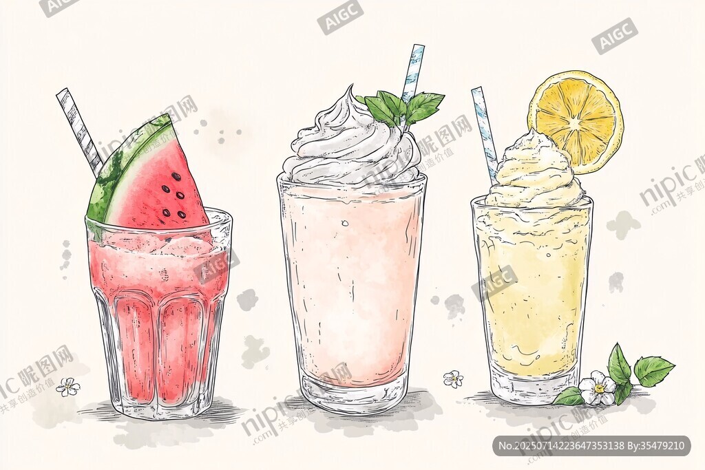 手繪三款美味清涼夏日飲品