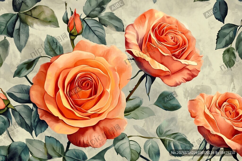 橙色玫瑰花卉圖案插畫