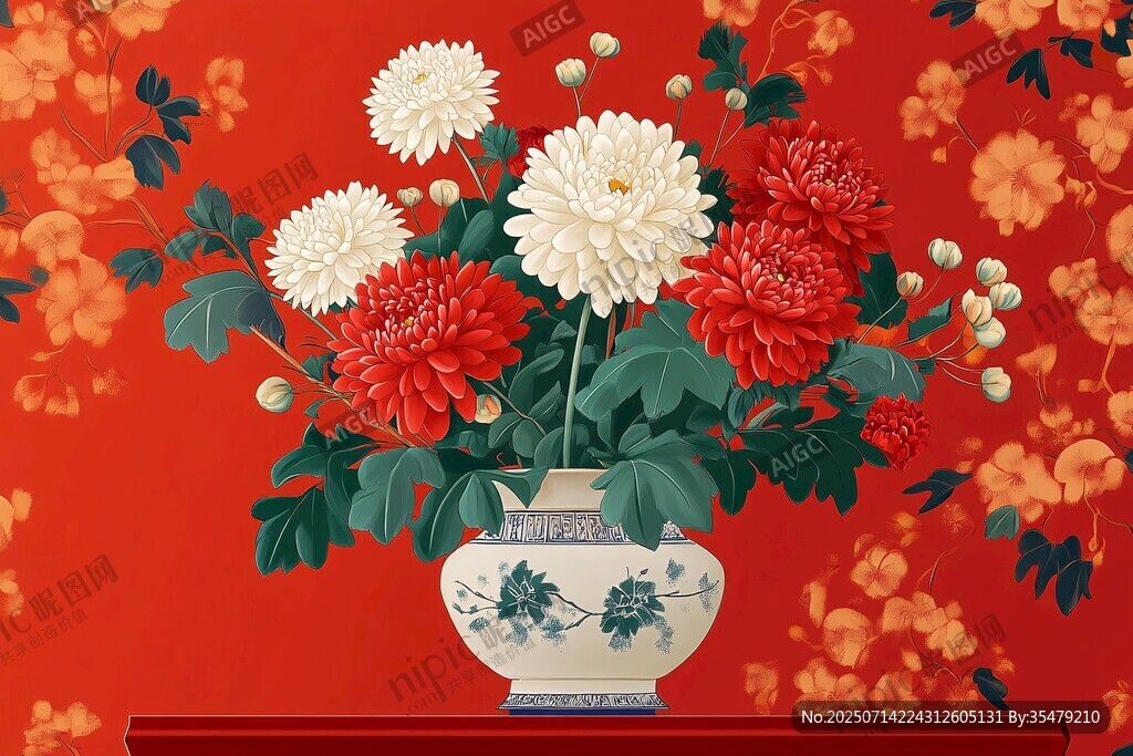 中式花瓶中的艷麗菊花