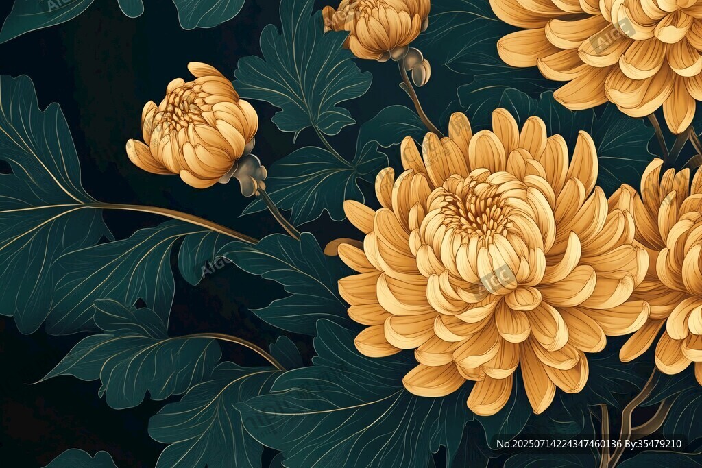 金色菊花與綠葉插畫