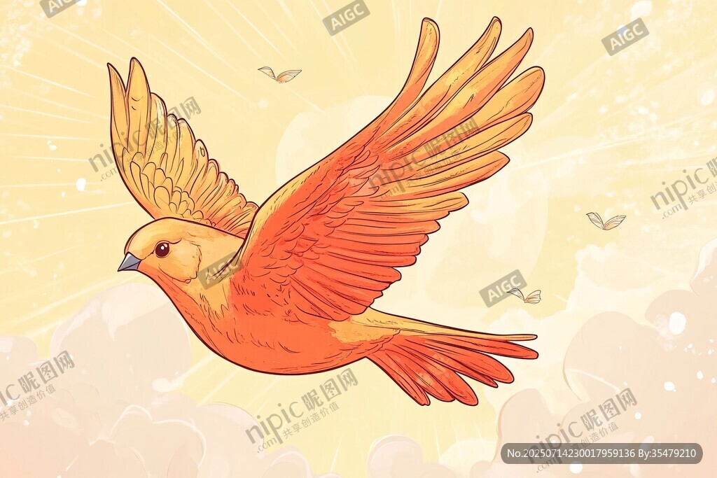橙黃飛鳥于云端展翅翱翔