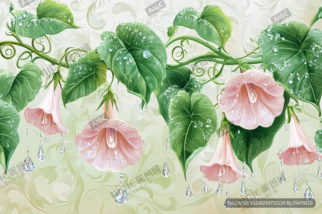 雨中粉花綠葉藤蔓圖