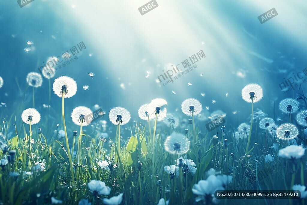 夢幻蒲公英草地晨光景象