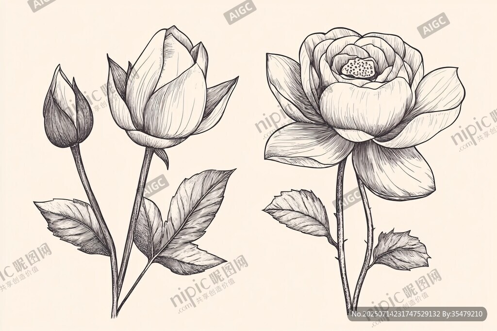 手繪黑白花卉插畫
