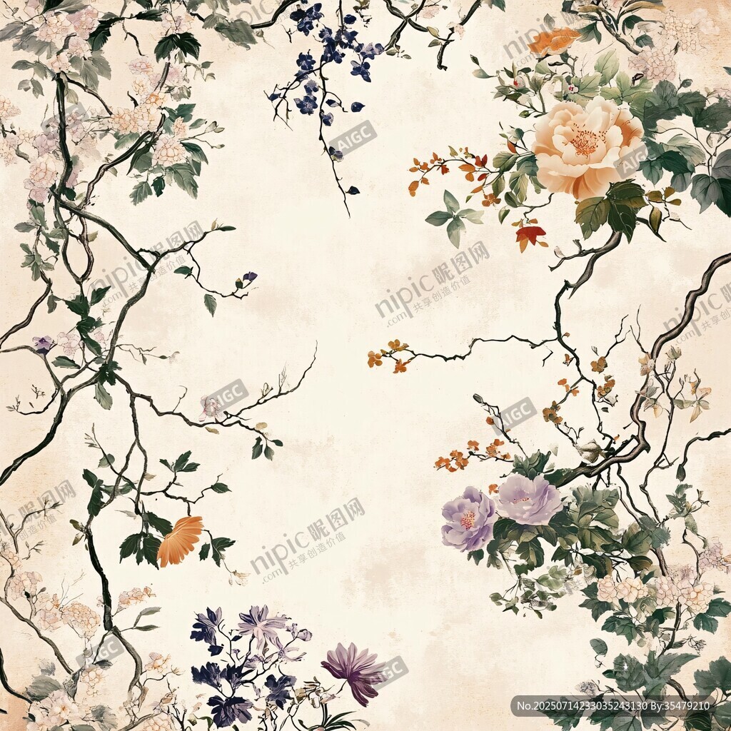 中式花卉手繪背景圖