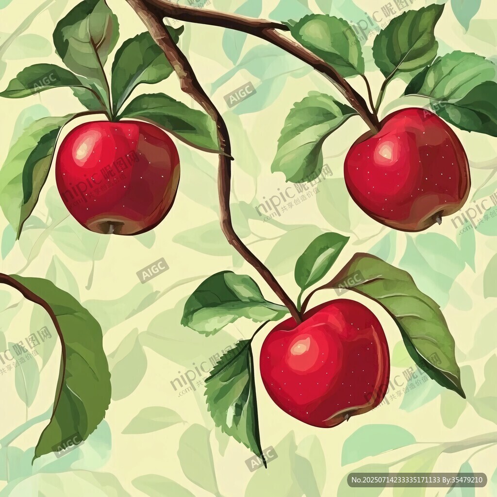 枝頭紅蘋果與綠葉插畫